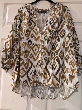 Zara Womens Ikat Print Button-Down Blouse Oversized Fit 3/4 Sleeves Lightweight